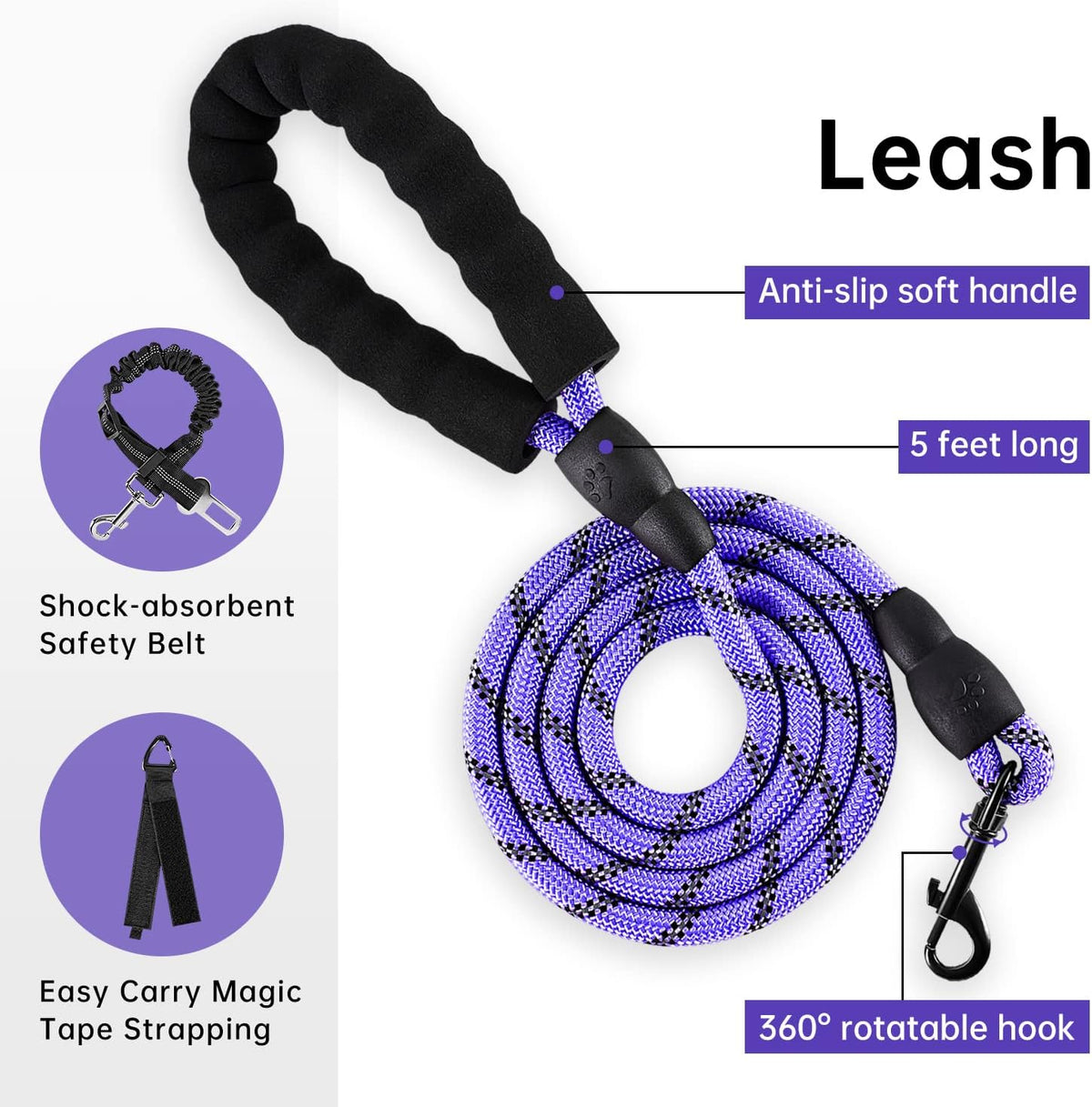 IVY&LANE No Pull Dog Harness for Medium Dogs, Dog Vest Harness with Leash, Safety Belt and Storage Strap, Fully Adjustable Harness, 360° Reflective Strip, Soft Handle (Purple, M)