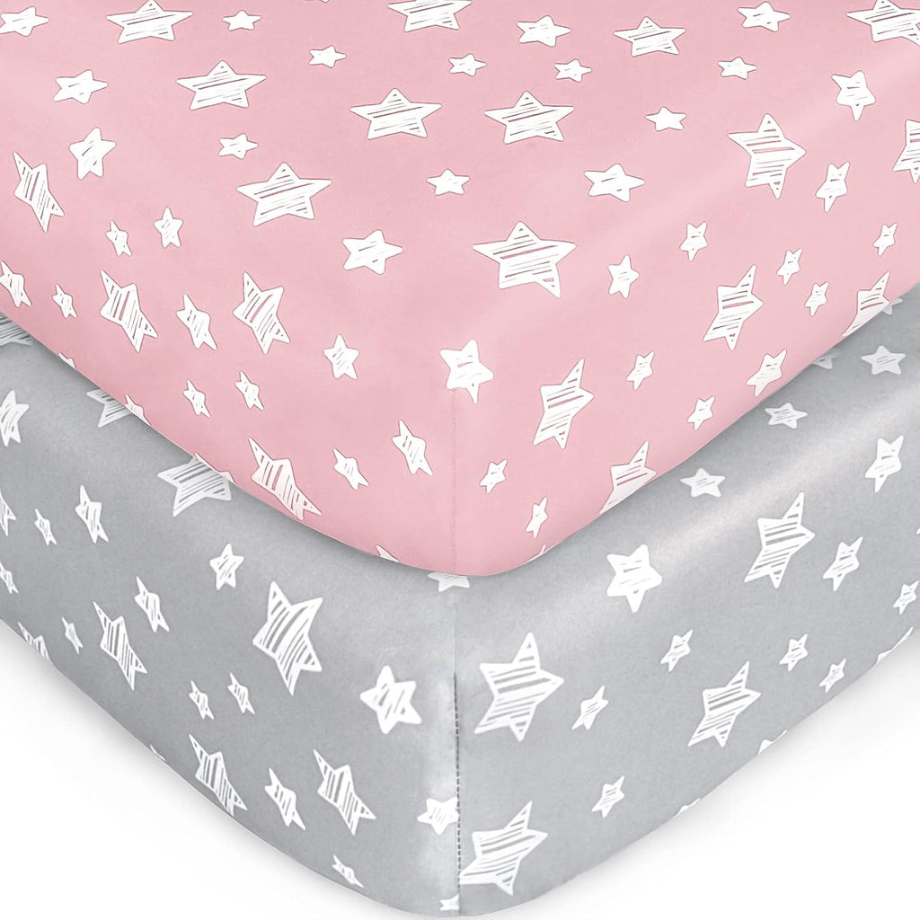 Pack and Play Sheets, 2 Pack Mini Crib Sheets, Stretchy Playard Fitted Sheet, Compatible with Graco Pack n Play, Soft and Breathable Material, Stars & Bunny