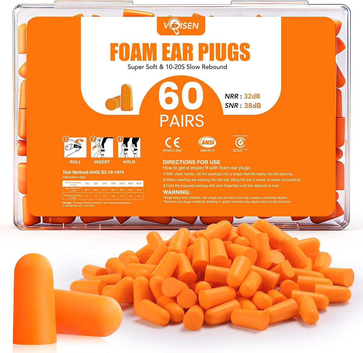 VOISEN 60 Pairs Foam Ear Plugs, Ear Plugs for Sleeping Noise Cancelling