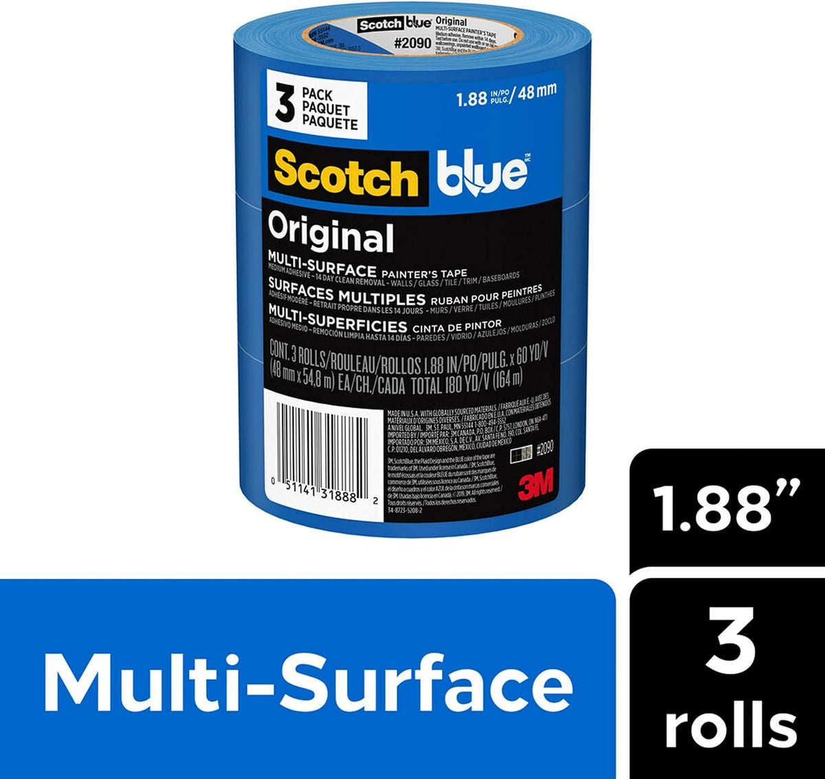 ScotchBlue Original Multi-Surface Painter's Tape 2 Inch Wide, 3 Rolls