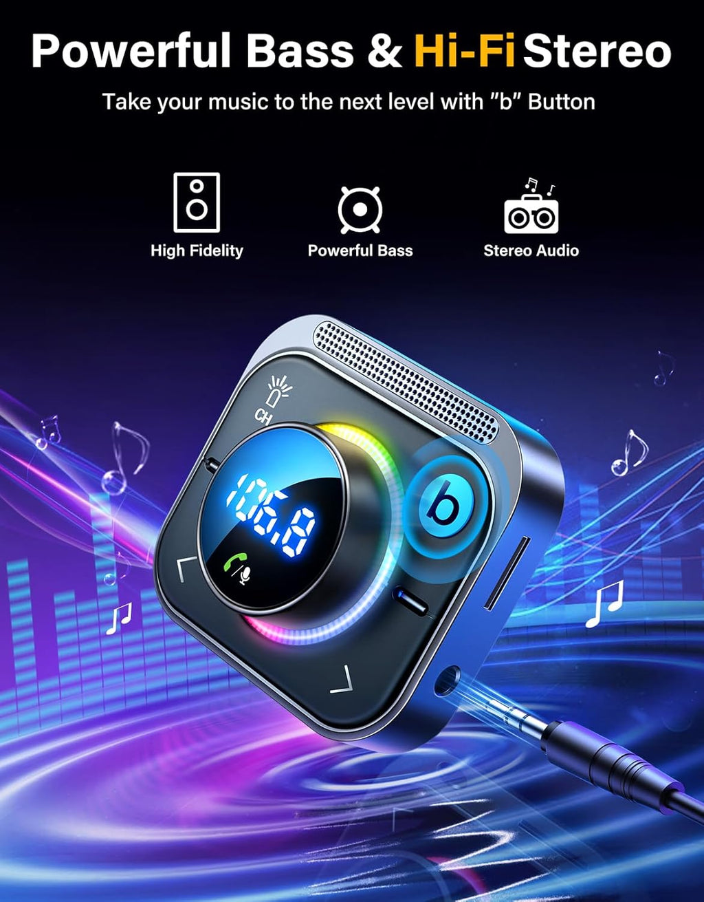 JOYROOM Bluetooth 6.0 Car Adapter FM & AUX HiFi Bass 96W Fast Charging