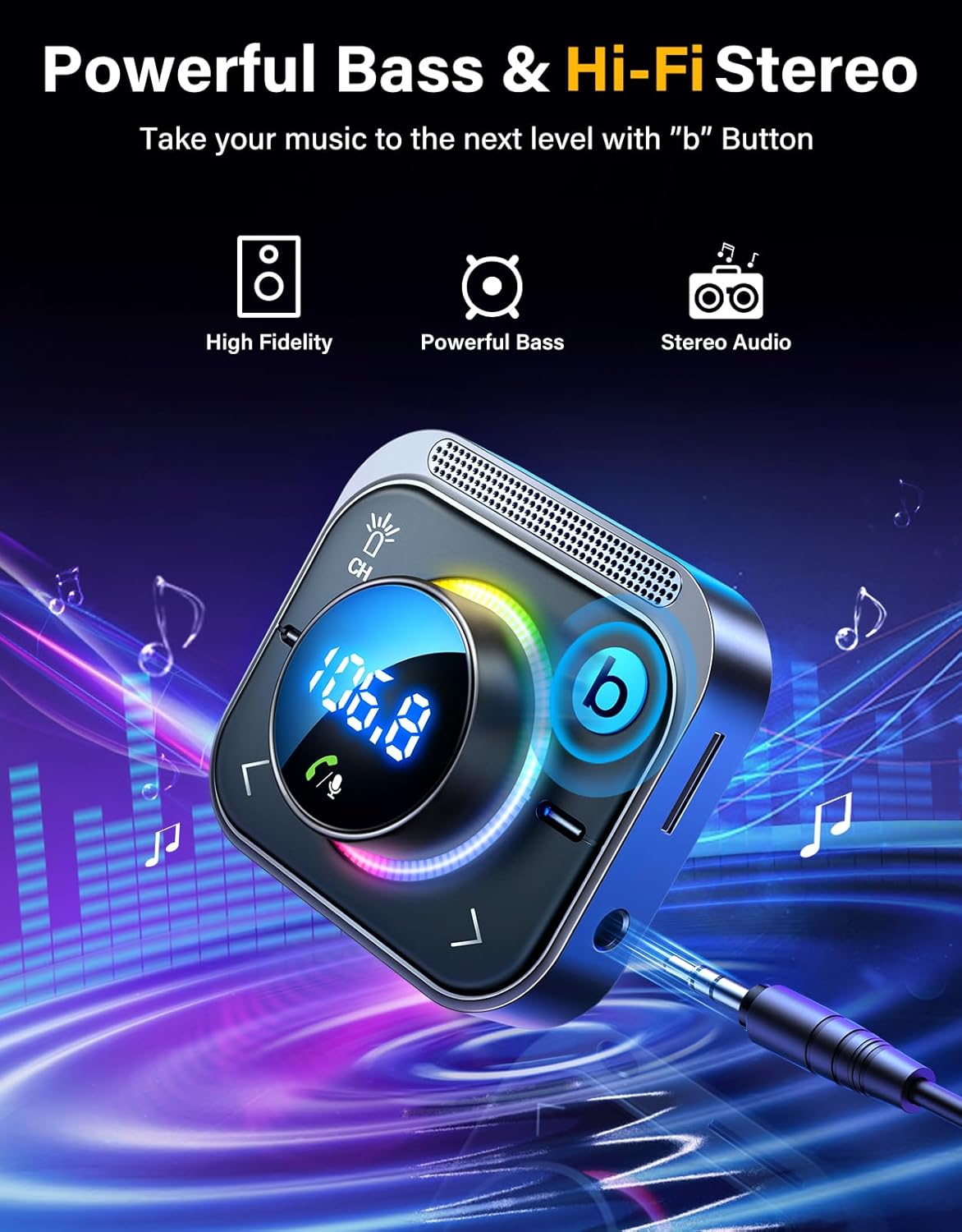 JOYROOM Bluetooth 6.0 Car Adapter FM & AUX HiFi Bass 96W Fast Charging