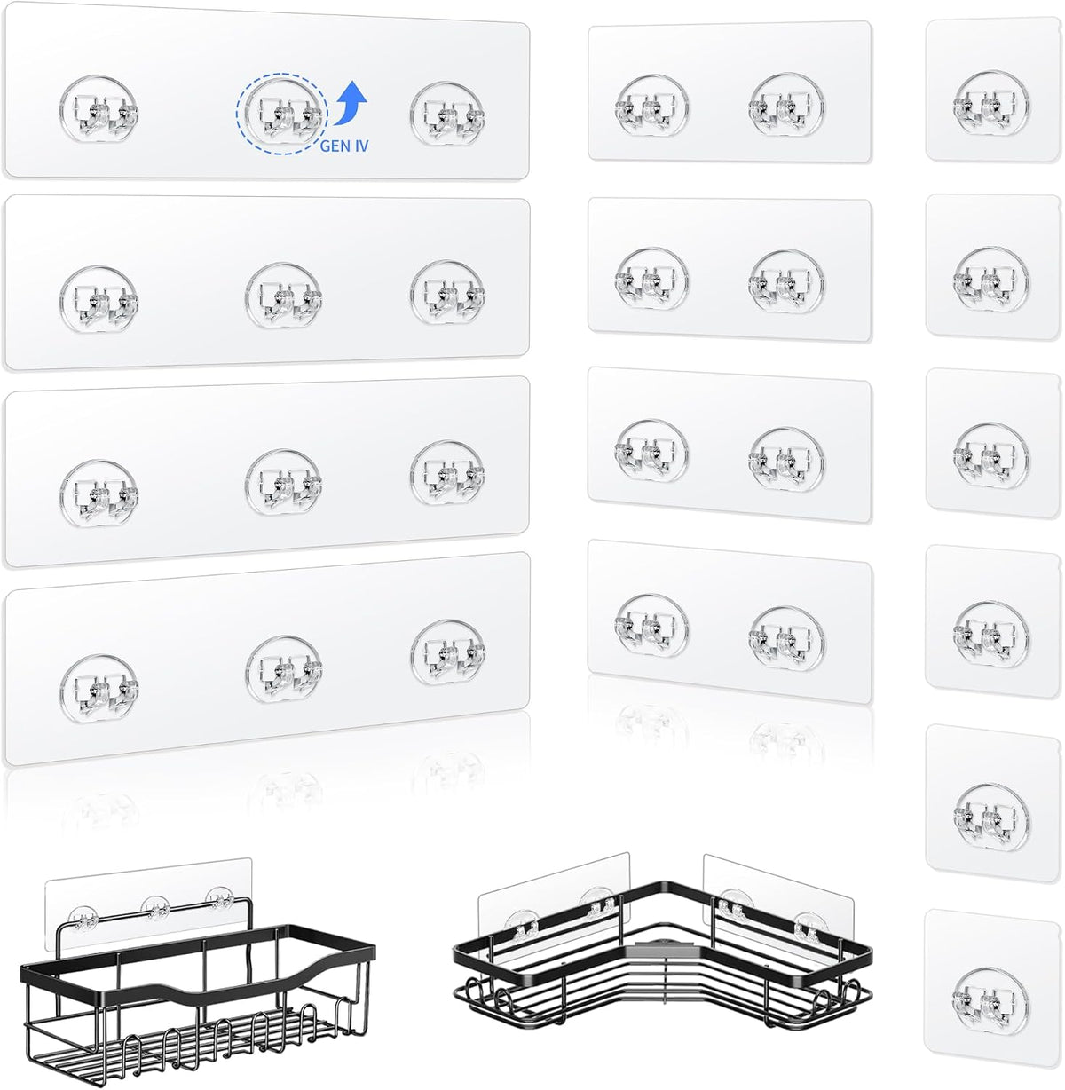 Shower Caddy Adhesive Replacement Hooks, Strong Waterproof Strips, No Drilling for Bathroom Shelves, Kitchen Racks, and Soap Holders (Transparent-14 Pack)