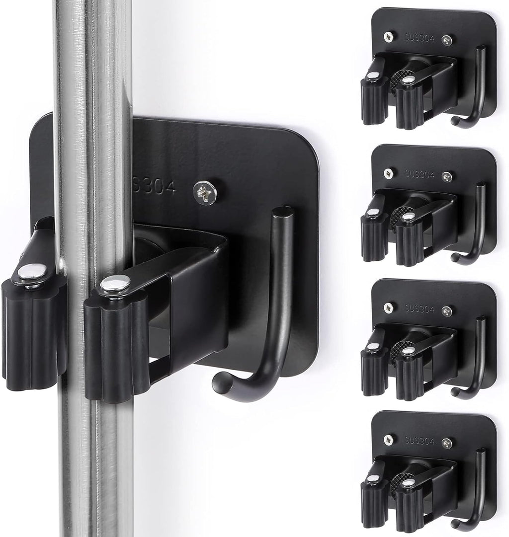 Stainless Steel Broom Holder, Heavy Duty, Rust Resistant, 4 Gripper Positions with 4 Hooks, Black
