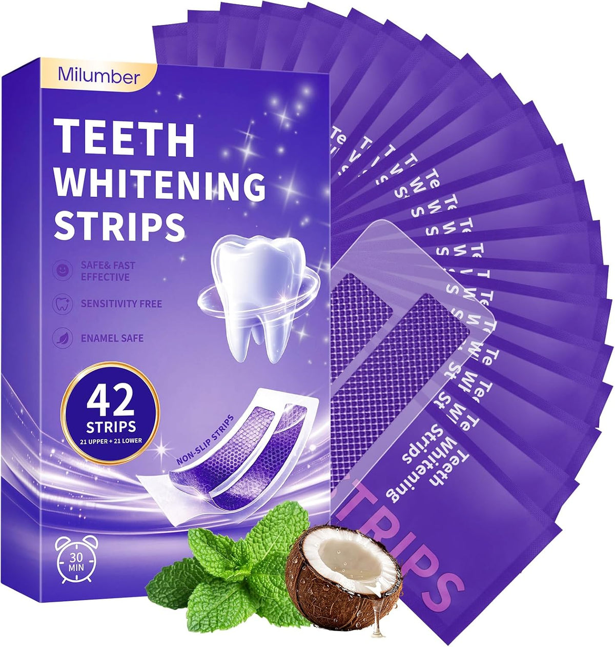 Milumber Teeth Whitening Strips for Sensitive, 42 Strips(21 Uses), Mint