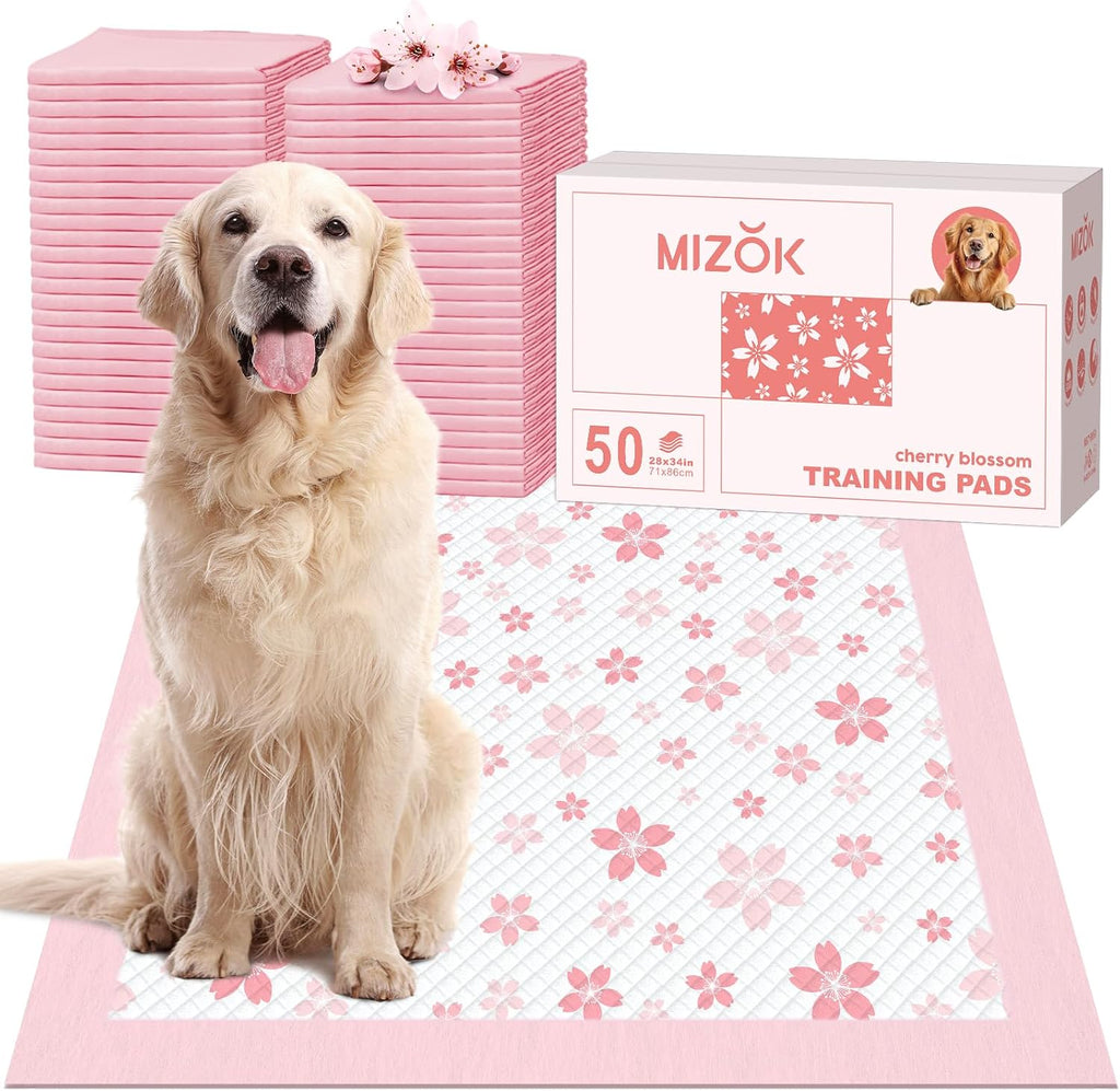 MIZOK Pink Puppy Pads with Adhesive Tabs Wee Wee Pads for Dogs 22x22in 50Ct | Cute Cherry Blossom Designs Feature Pheromone Attractant for Fast Training Small Dog Potty Pads Ideal for Female Puppy Needs
