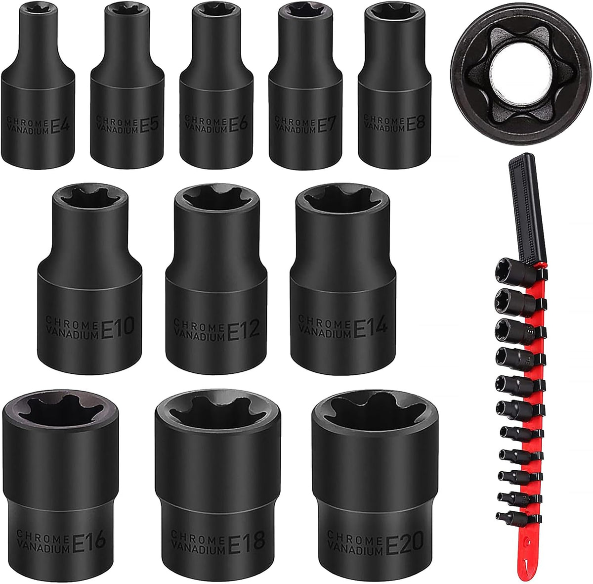 SEDY 14-Piece E-TORX Socket Set - Premium Female Torx Socket Set, Ultimate Torque Star Sockets, External Torx Sockets, E4 E5 E6 E7 E8 E10 E11 E12 E14 E16 E18 E20 E22 E24