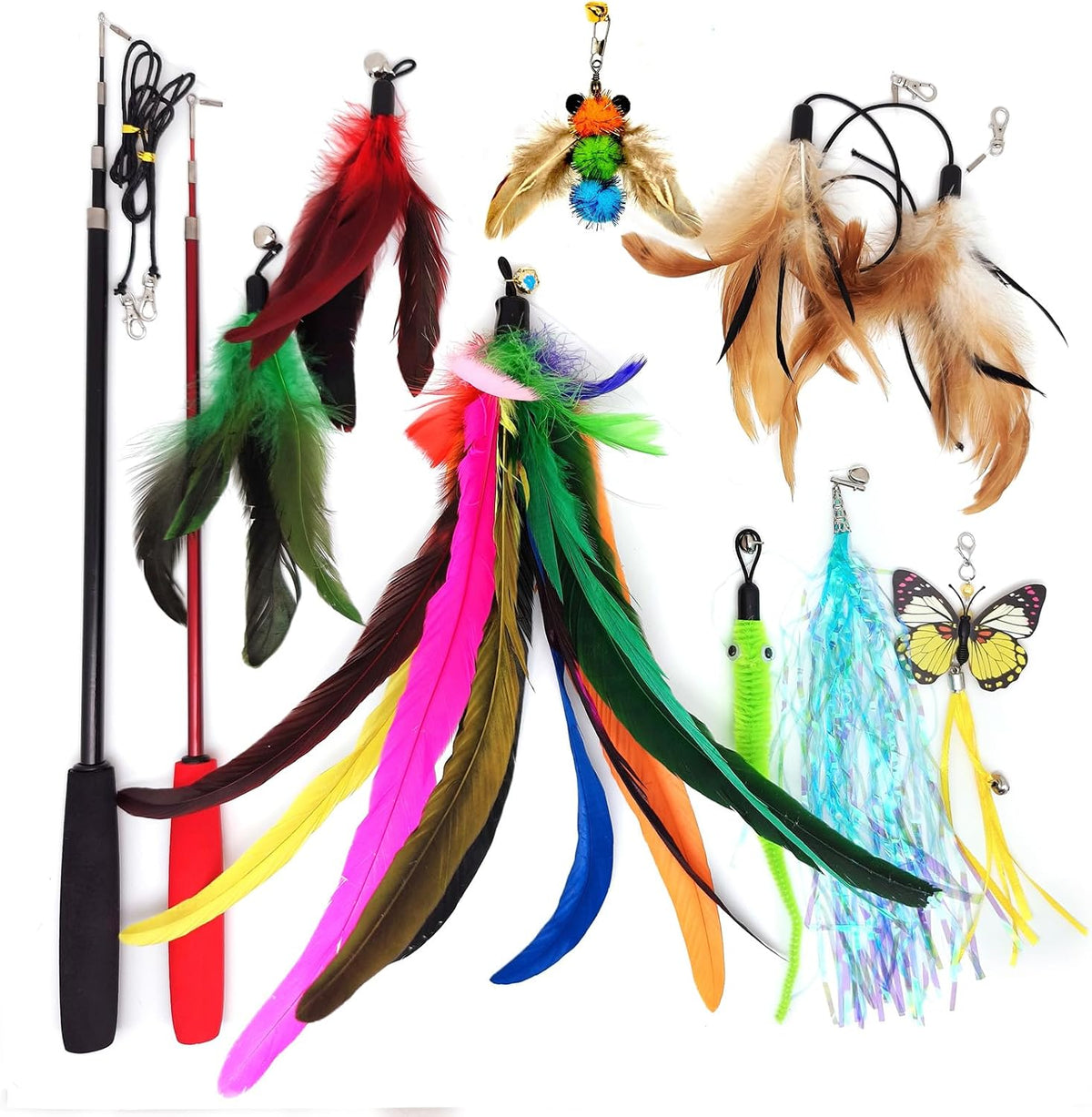 miwoowim 2PCS Retractable Cat Teaser Wands & 9PCS Feather Refills Toy Set