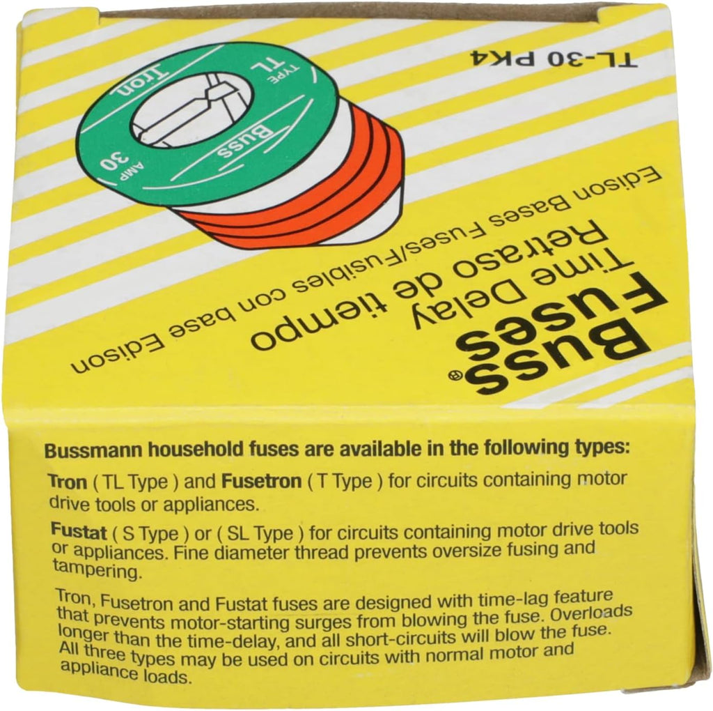 Bussman TL-30PK4 30 Amp TL Edison Plug Time Delay Fuse 4 Count