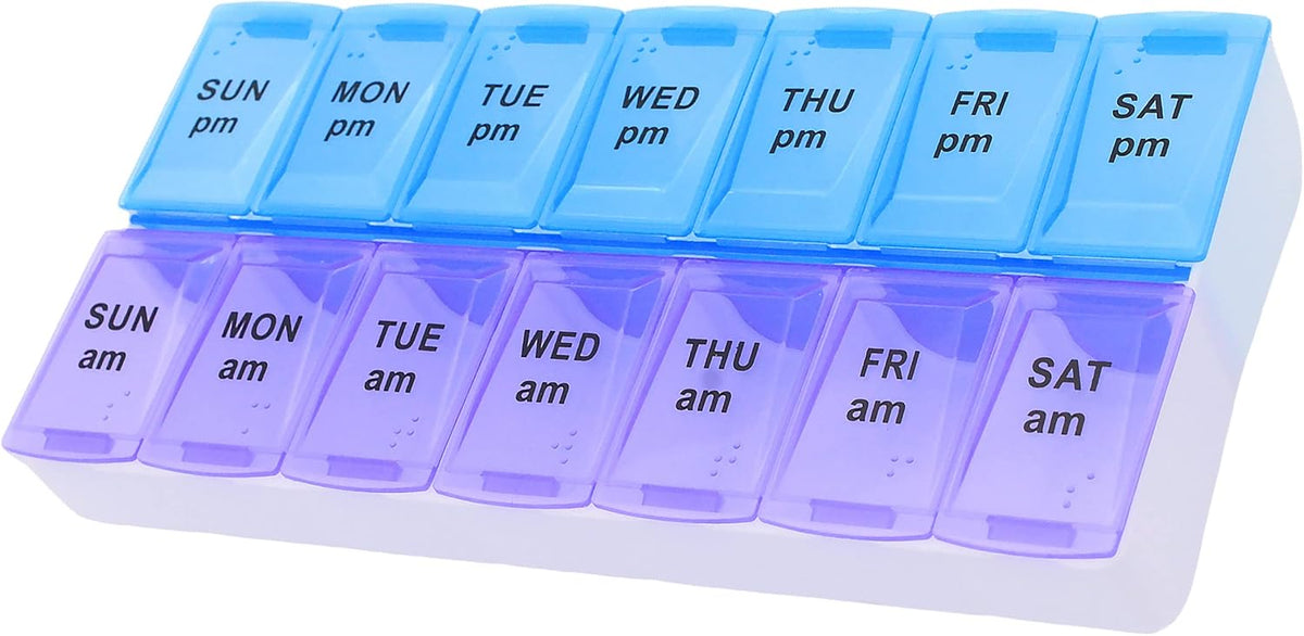 7 Day Weekly AM PM Pill Organizer, ShysTech Large Pill Case Pill Box for Pills Vitamin Supplements Medication (Purple/Blue)