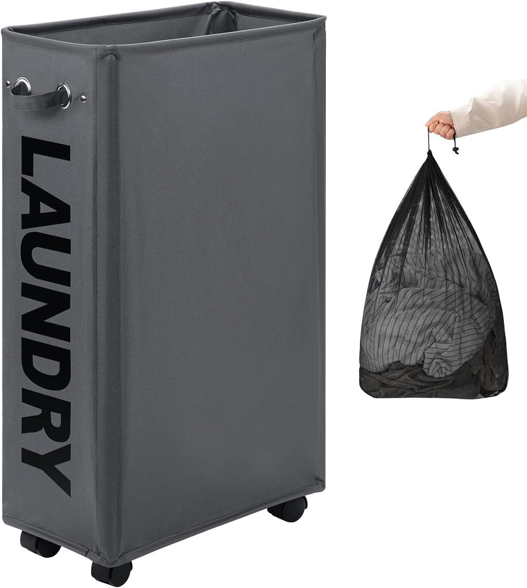 DOKEHOM 52L Slim Rolling Laundry Basket Hamper, Narrow on Wheels, Grey