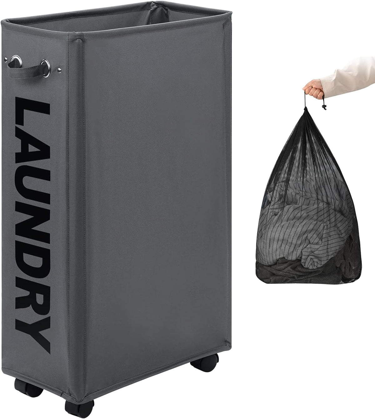 DOKEHOM 52L Slim Rolling Laundry Basket Hamper, Narrow on Wheels, Grey