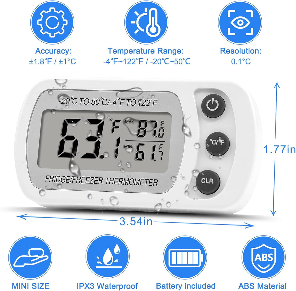 Lasubst Digital Refrigerator Thermometer 2 Pack for Fridge Freezer Cooler Waterproof, White