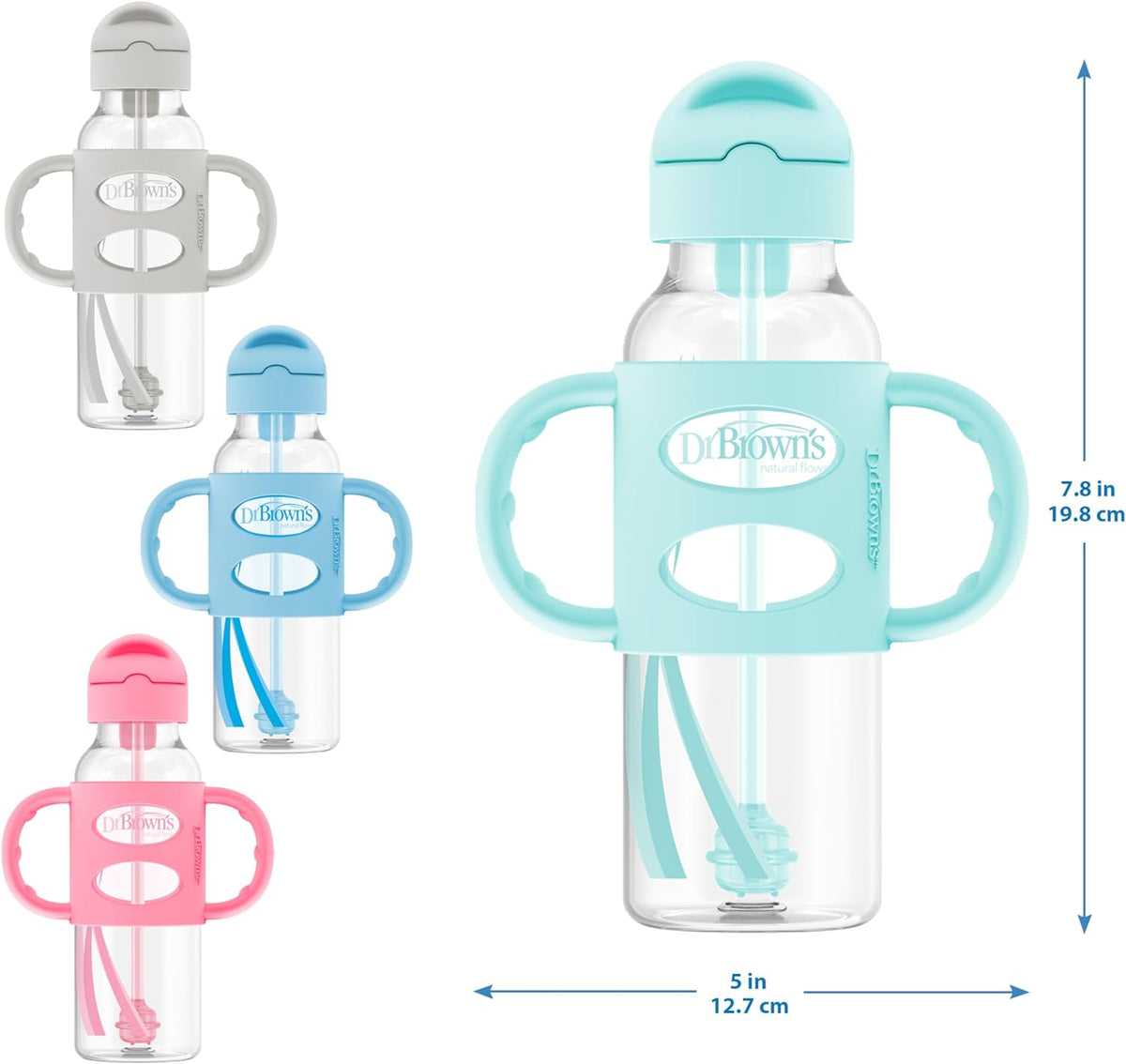 Dr. Brown's Narrow Sippy Straw Bottle with Handles, Gray & Blue, 2-Pack