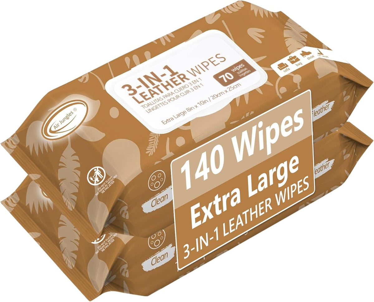 Air Jungles 3in1 Leather Cleaner Wipes 70 Count, Extra Large 8" x 10" Size