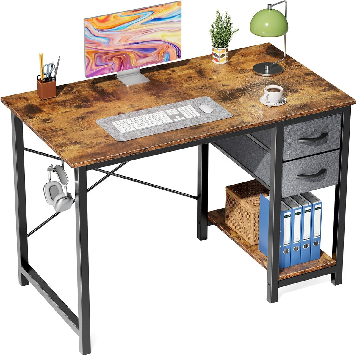 Sweetcrispy 40-Inch Computer Desk with Drawers, Office Desk, Brown