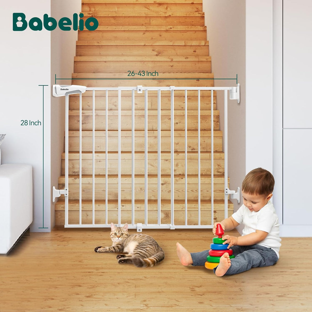 Babelio No Bottom Bar Baby Gate, 28" H x 26-43" W, White