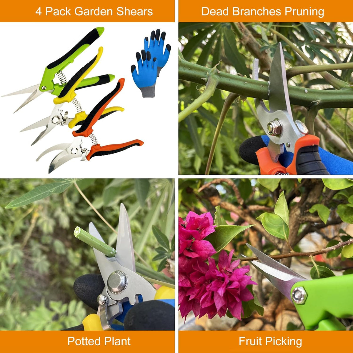 Pruning Shears, 4 Pack Garden Shears with Gardening gloves, Clippers Handheld, Stainless Steel Garden Snips, Lengnoyp Pruners for Gardening