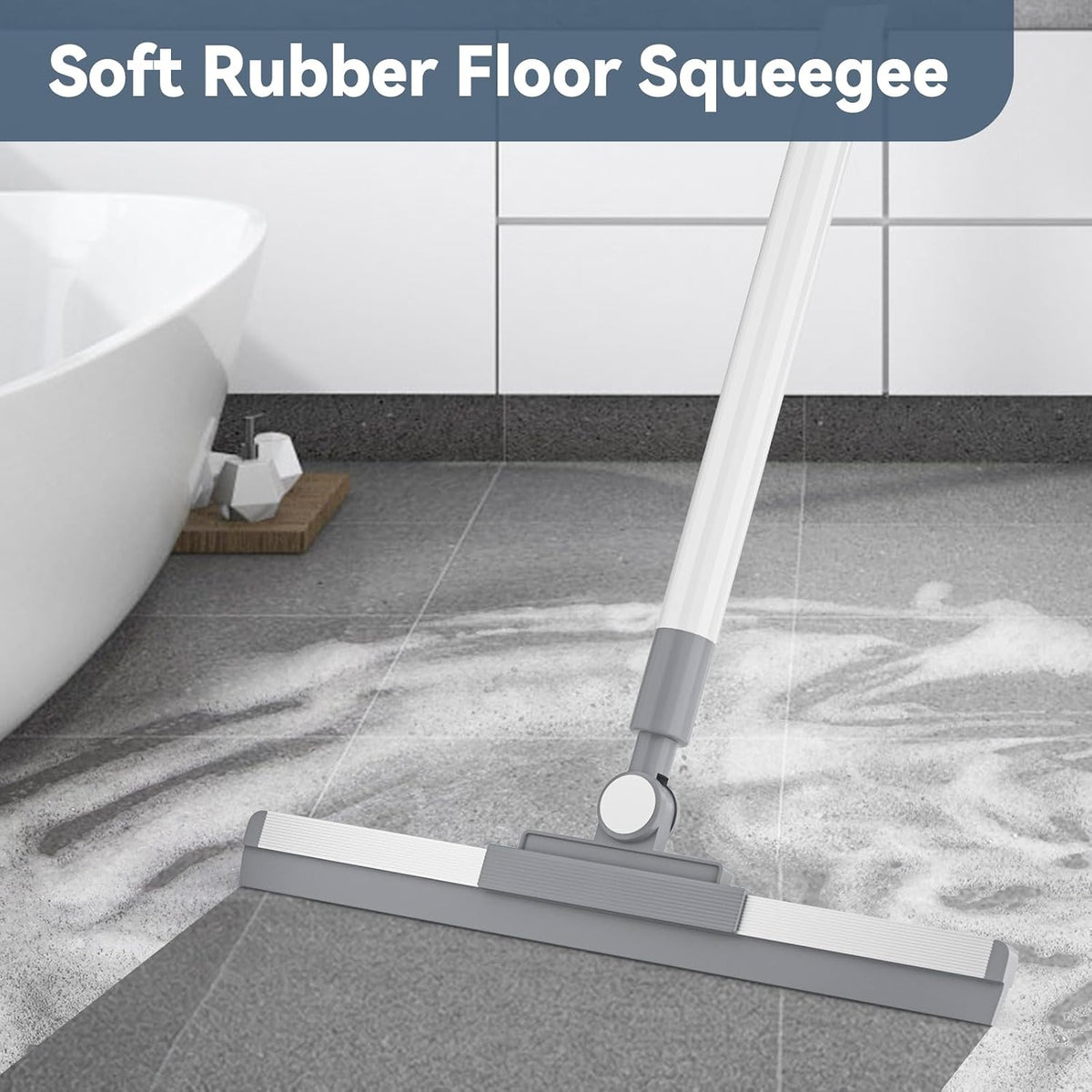 Floor Squeegee with 180° Rotating Head, Squeegee for Floor with 52'' Long Handle, Squeegee Broom, Squeegee for Window Cleaning, Bathroom Tile, Garage Concrete, Deck, Shower Glass (White)
