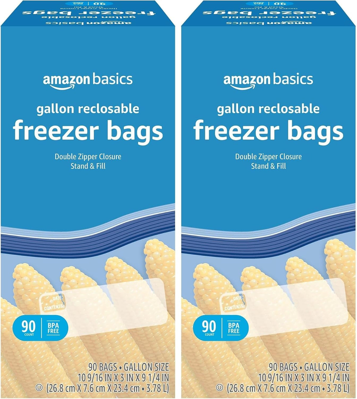 Amazon Basics Reclosable Freezer Gallon Size Bags with Double Zipper Seal, Stand-Up Bottom, BPA Free, 90 Count (Previously Solimo)