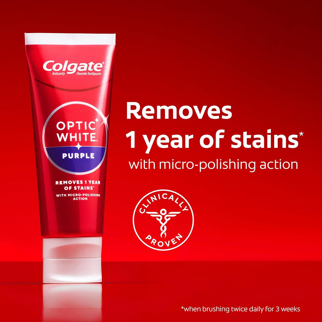 Colgate Optic White Purple Toothpaste with Fluoride, 3 Pack, 3.8 oz