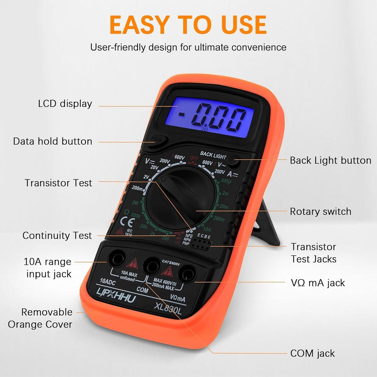 Digital Multimeter Voltmeter Battery Voltage Multi Tester Continuity Ohm Volt Amp DC AC Current Resistance Diodes 2000 Counts Electrical Test Meter with Leads Backlight LCD Display