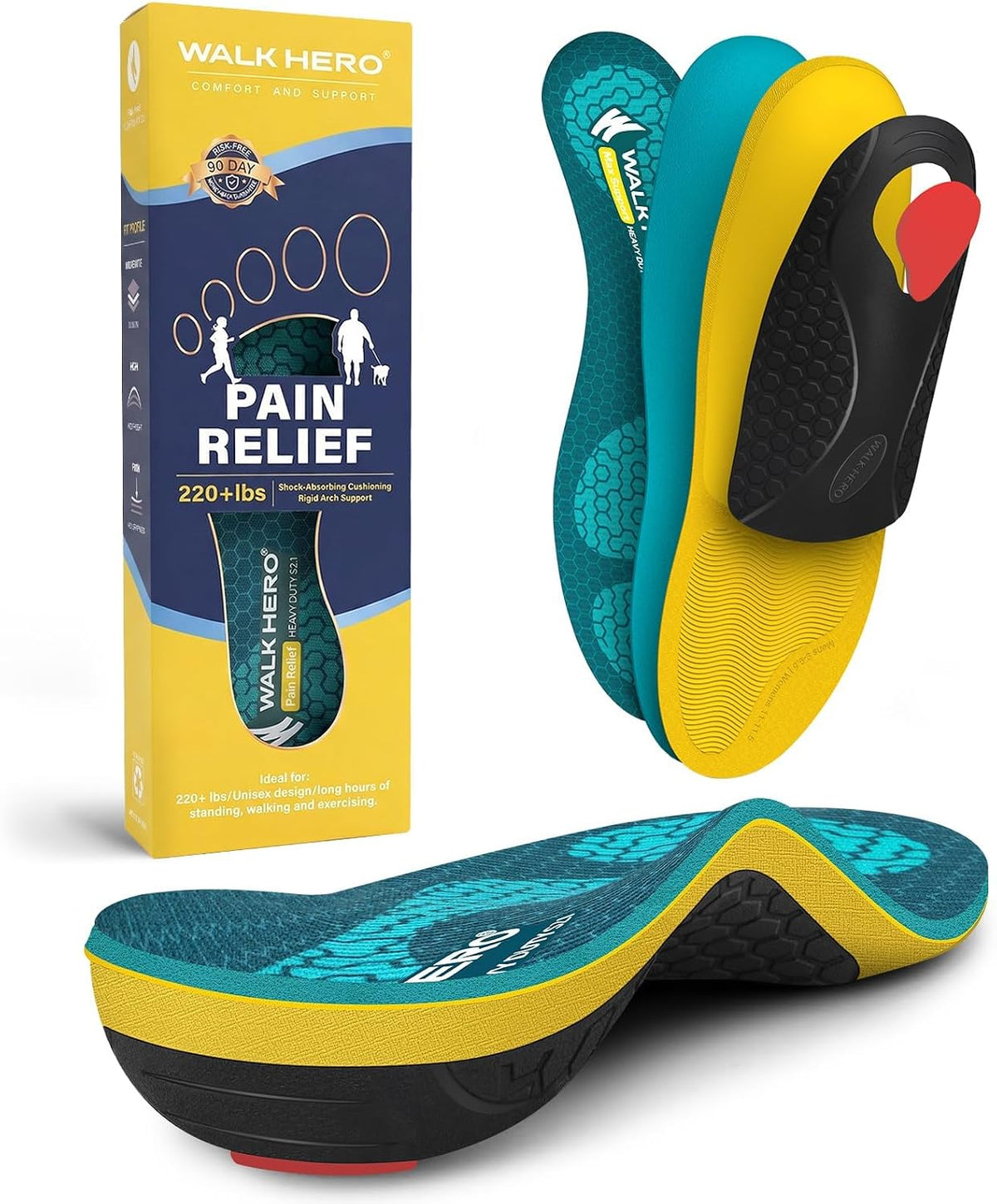 WalkHero 220+lbs Pain Relief Insoles, High Arch Support Inserts Women Men