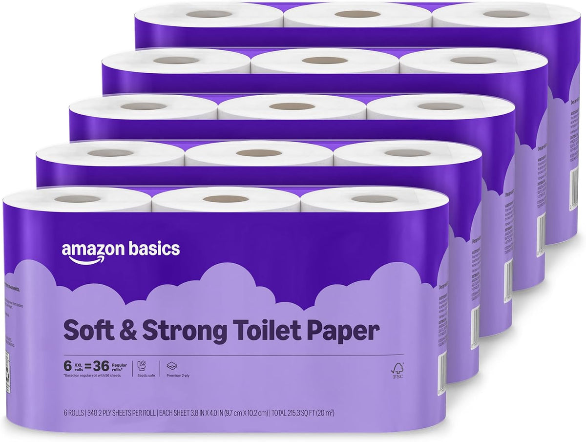 Amazon Basics Soft and Strong 2-Ply Toilet Paper, 6 Ultra Rolls = 24 Regular Rolls, Unscented, 340 Sheet (1 Pack of 6), Packaging May Vary