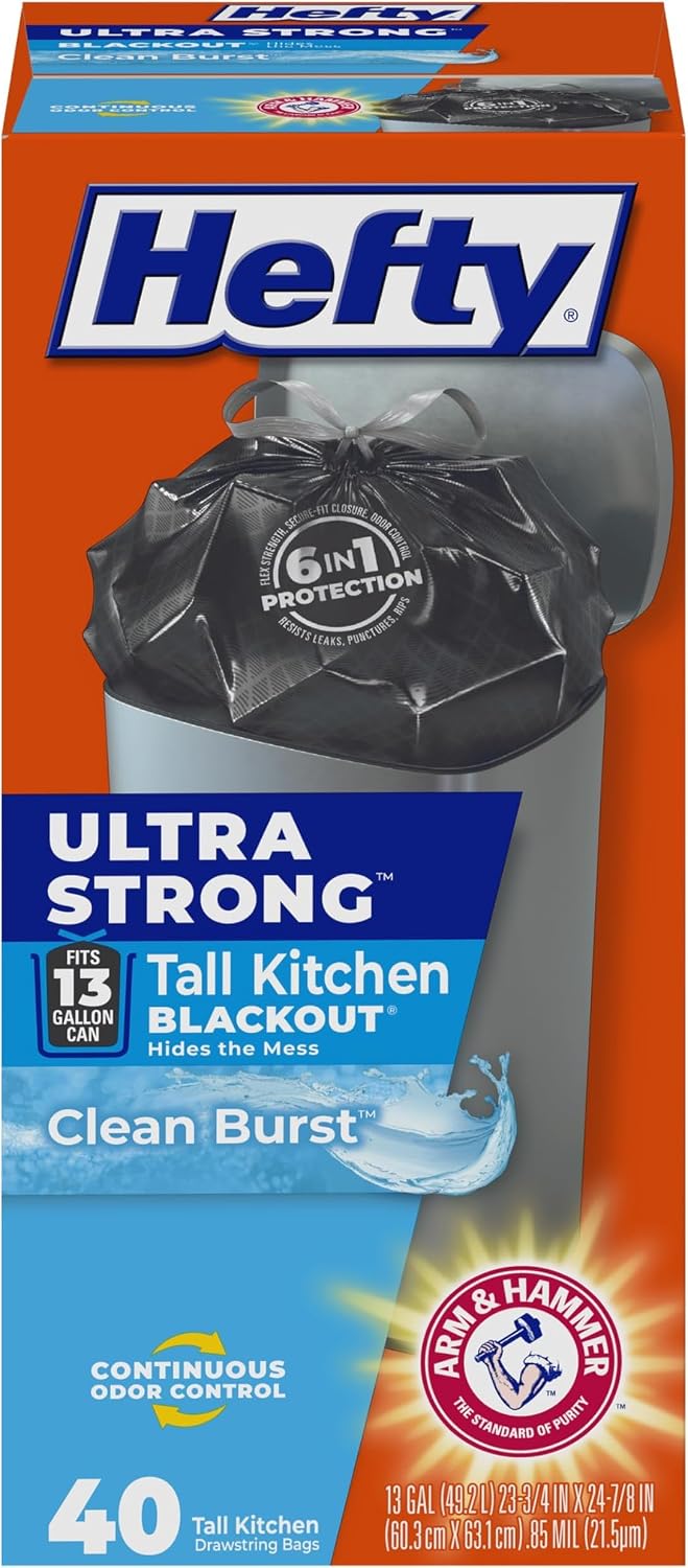 Hefty Ultra Strong 13 Gal Kitchen Trash Bags, Black, Clean Burst, 80ct