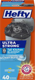 Hefty Ultra Strong 13 Gal Kitchen Trash Bags, Black, Clean Burst, 80ct