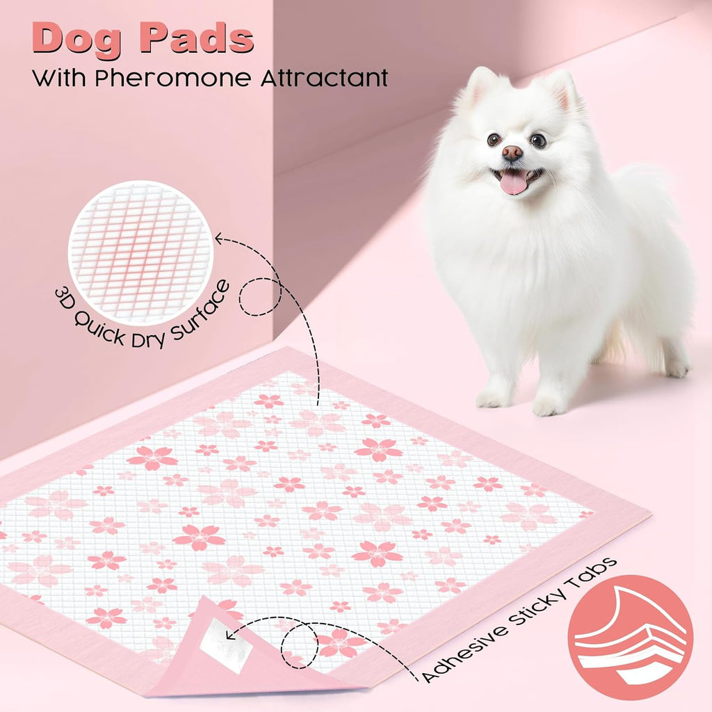 MIZOK Pink Puppy Pads with Adhesive Tabs Wee Wee Pads for Dogs 22x22in 50Ct | Cute Cherry Blossom Designs Feature Pheromone Attractant for Fast Training Small Dog Potty Pads Ideal for Female Puppy Needs