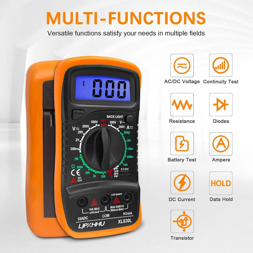 Digital Multimeter Voltmeter Battery Voltage Multi Tester Continuity Ohm Volt Amp DC AC Current Resistance Diodes 2000 Counts Electrical Test Meter with Leads Backlight LCD Display