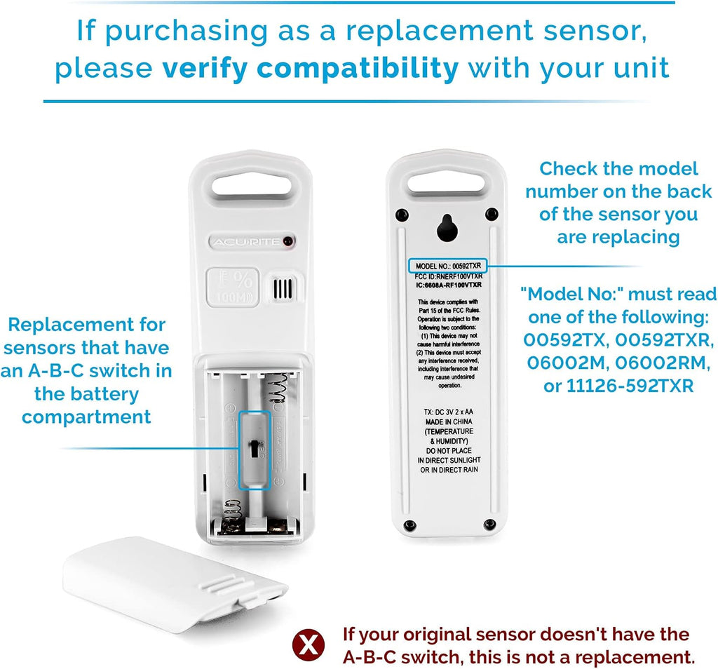 AcuRite Wireless Indoor Outdoor Temperature and Humidity Sensor with A-B-C Switch (06002M / 592TXR)