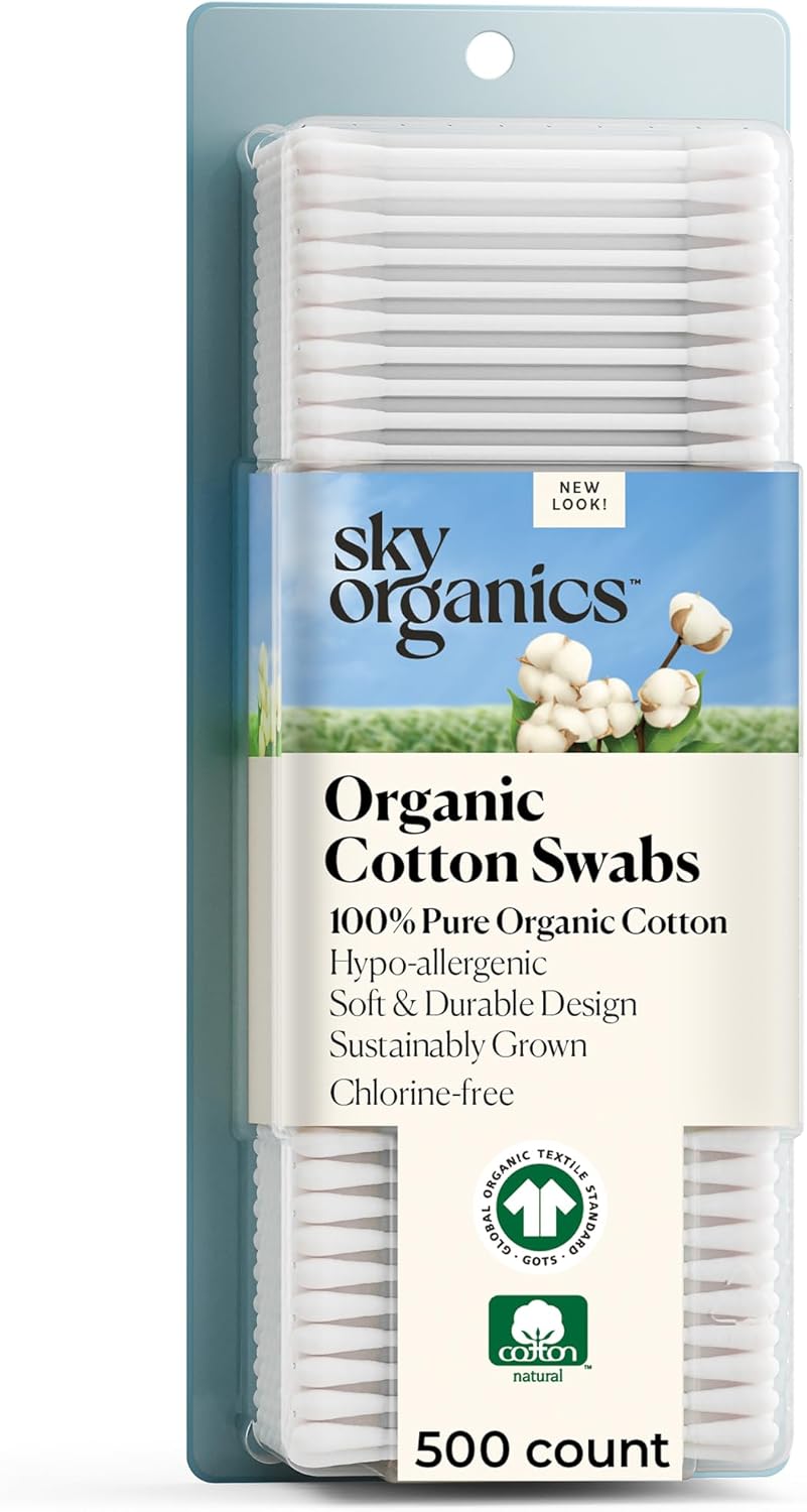 Sky Organics Organic Cotton Swabs 500 Ct, 100% Pure, Natural, Chlorine-Free