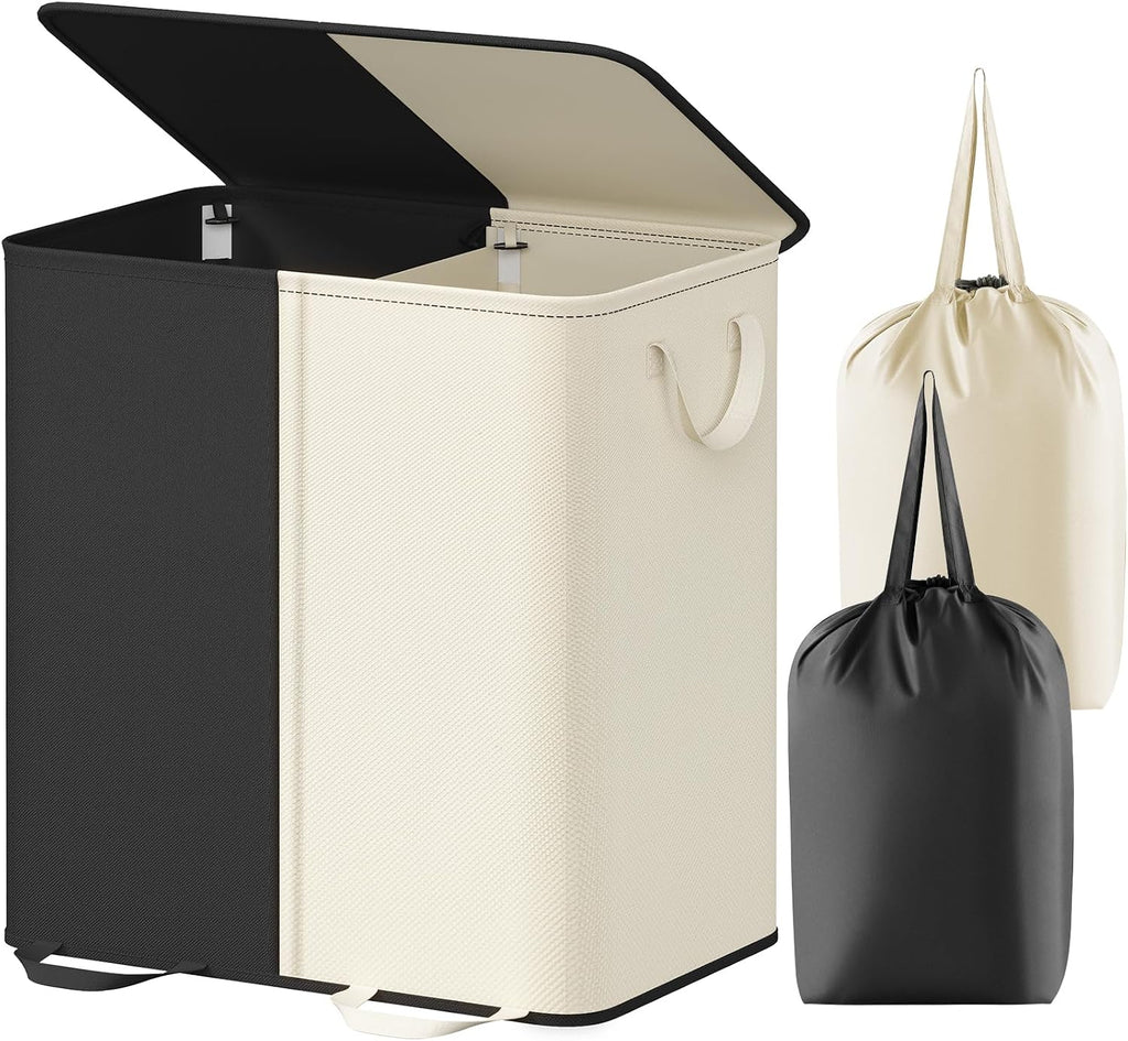 Lifewit Double Laundry Hamper with Lid, Removable Laundry Bags, Beige