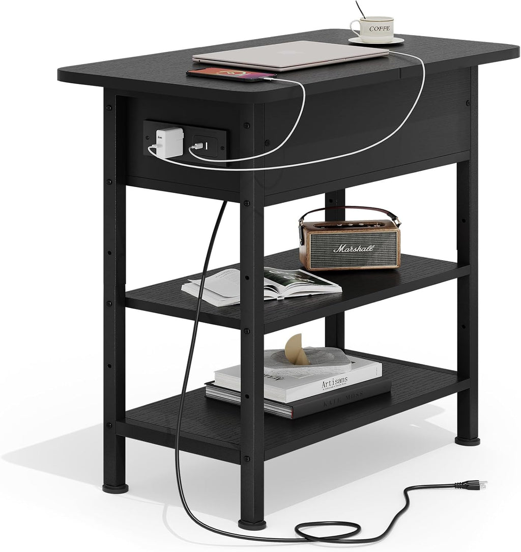 GRUSIGN End Table with Charging Station, Flip Top Side Table with USB Ports and Outlets, 3-Tier Small Side Table with Storage for Small Space, End Tables for Living Room/Bedroom, Rustic Brown