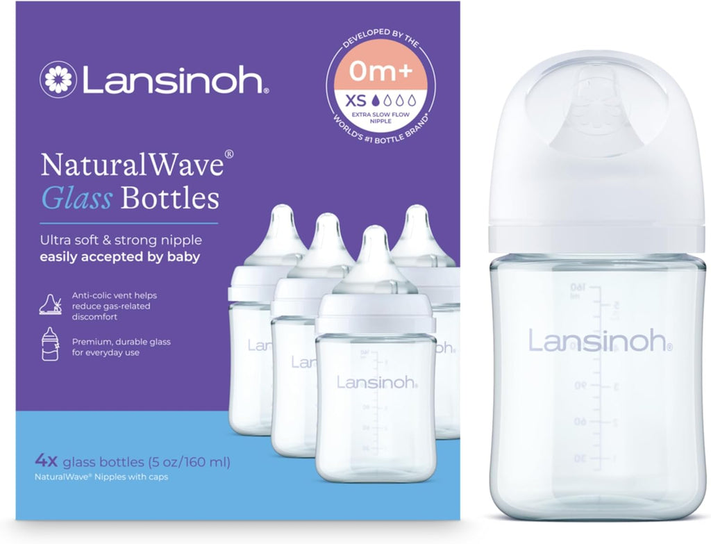 Lansinoh Anti-Colic Glass Baby Bottles, Purple Collar, 5 Ounces, 4 Count