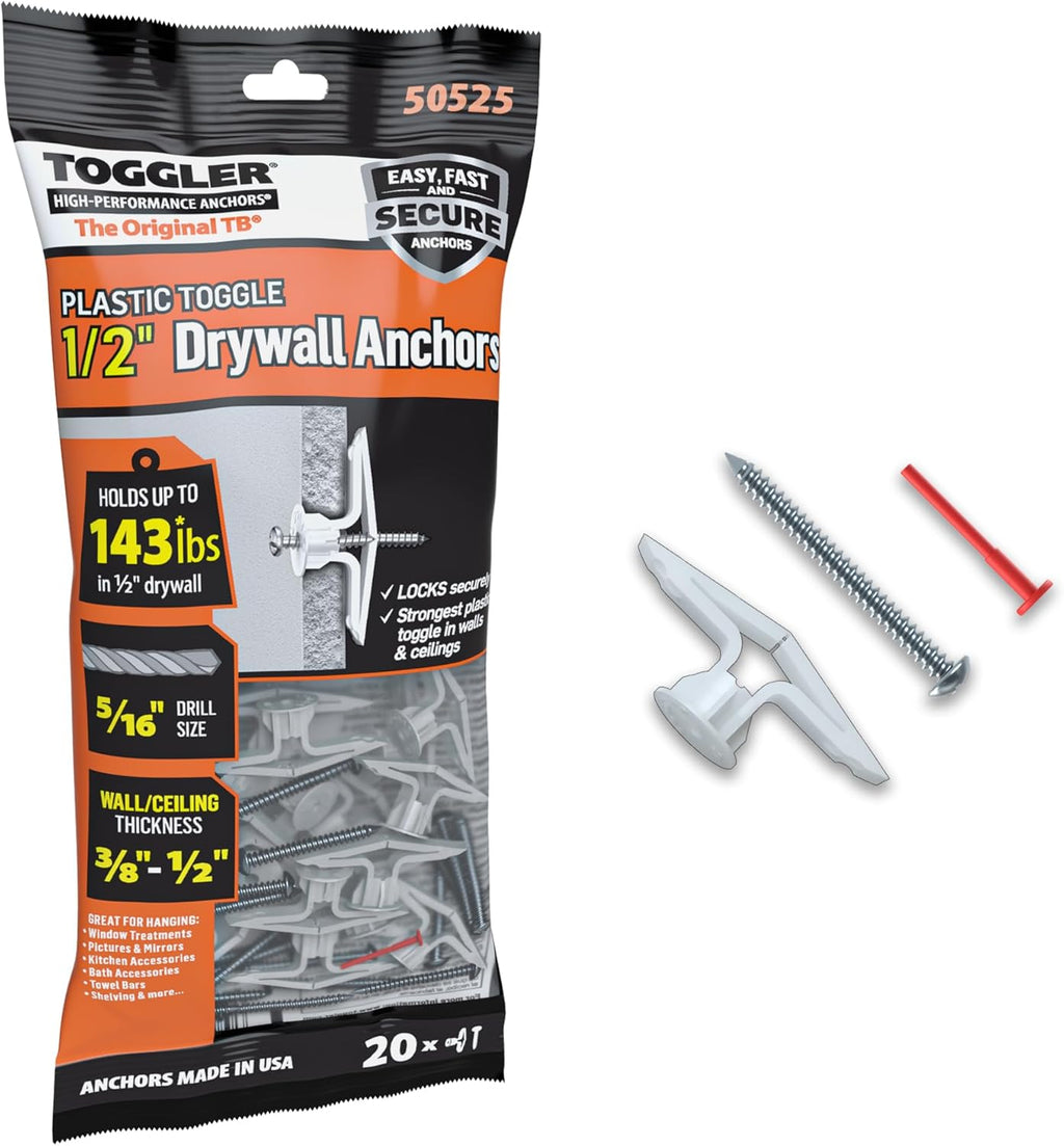 TOGGLER Toggle TB Drywall Anchor with Screws, 20 Pack, 3/8" to 1/2"