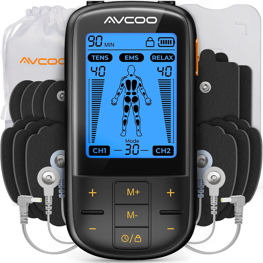AVCOO 3-in-1 TENS Unit Muscle Stimulator with 30 Modes for Pain Relief