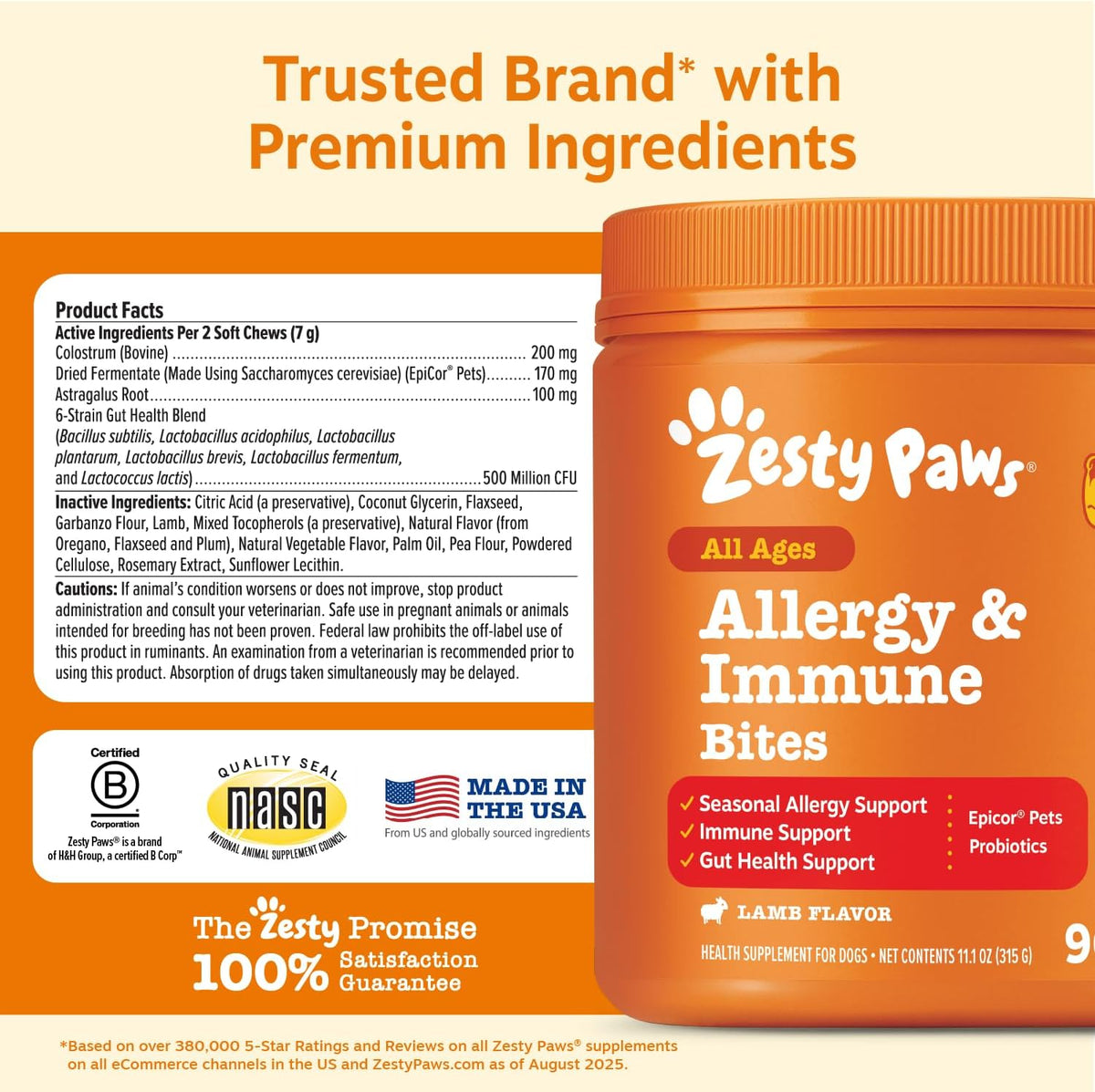 Zesty Paws Dog Allergy Chews - Dog Allergy Relief, Lamb, 90 Ct