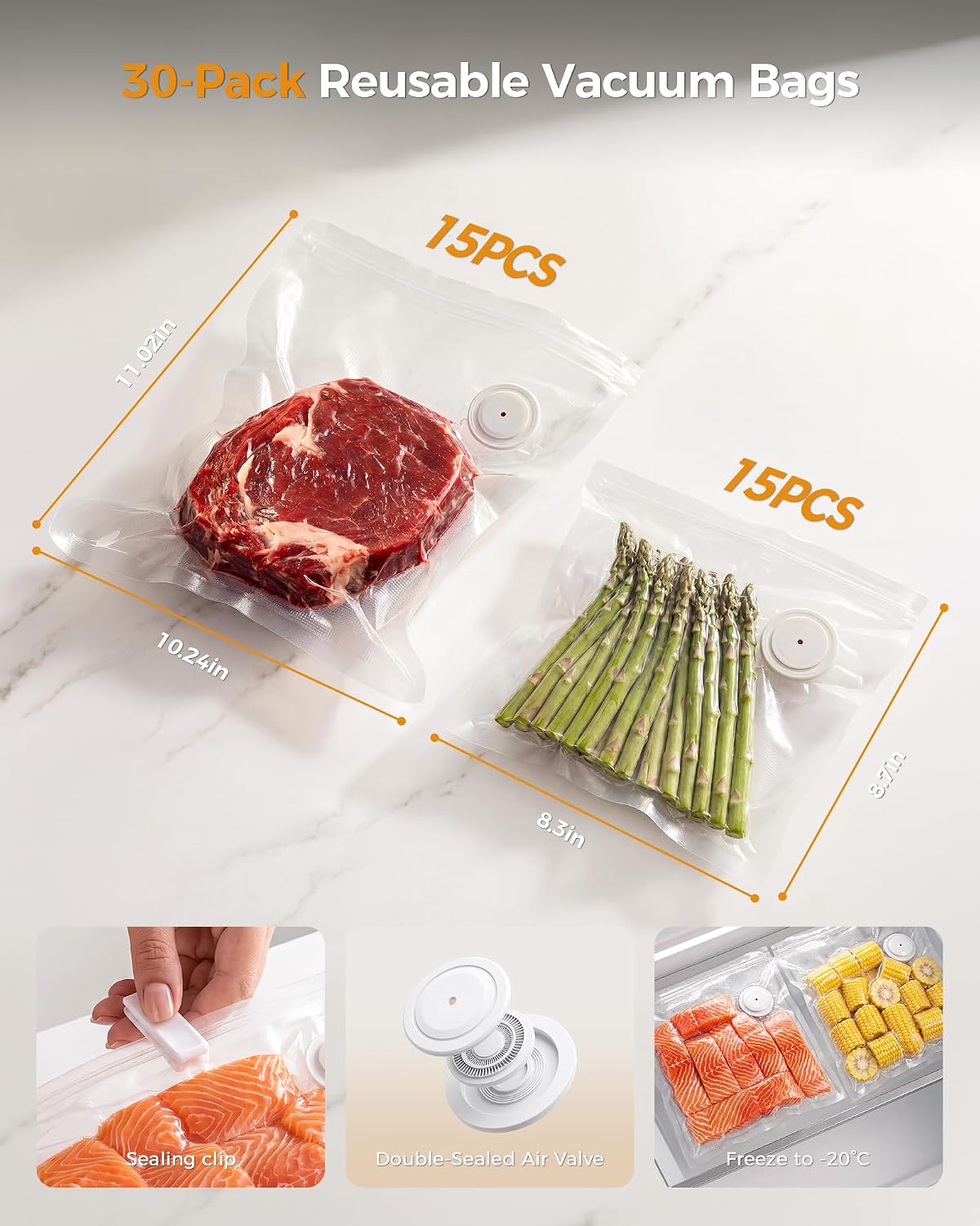 Vacuum Sealer for Food: 30 Reusable Bags & 20ml Tank