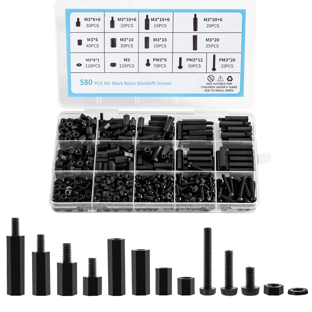 580 PCS M3 Black Nylon Standoff Kit with Spacers, Screws, and Nuts - Motherboard & PCB Mounting Standoffs and Screws, Threaded Pillar Spacers for Circuit Boards and Computer Building