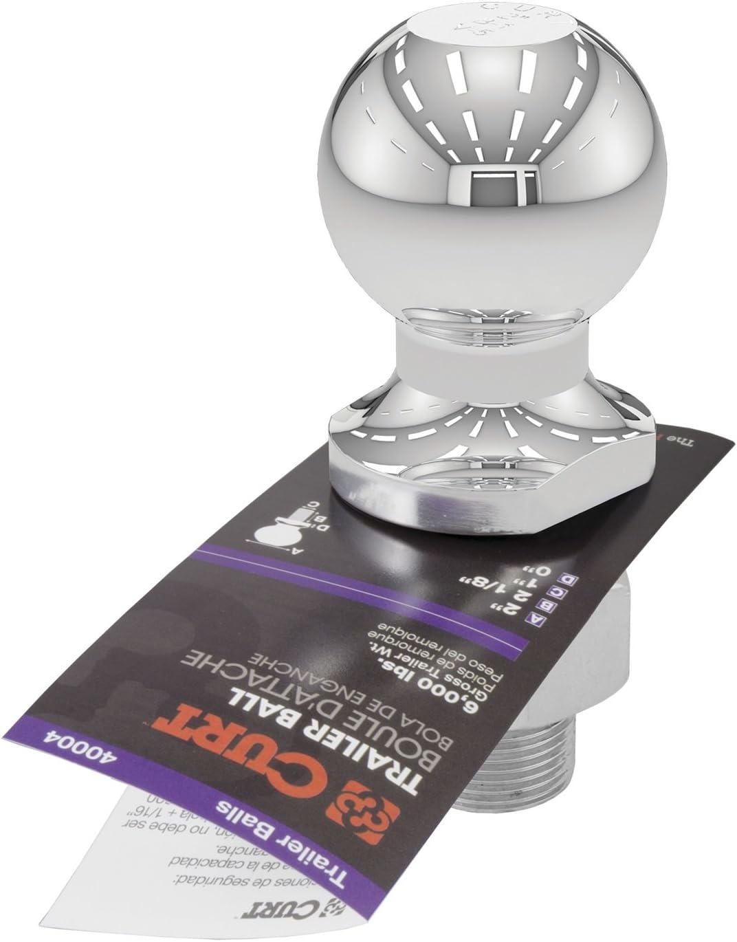 CURT 40004 Chrome Trailer Hitch Ball, 6,000 lbs, 2-Inch Diameter, 1 x 2-1/8-Inch Shank