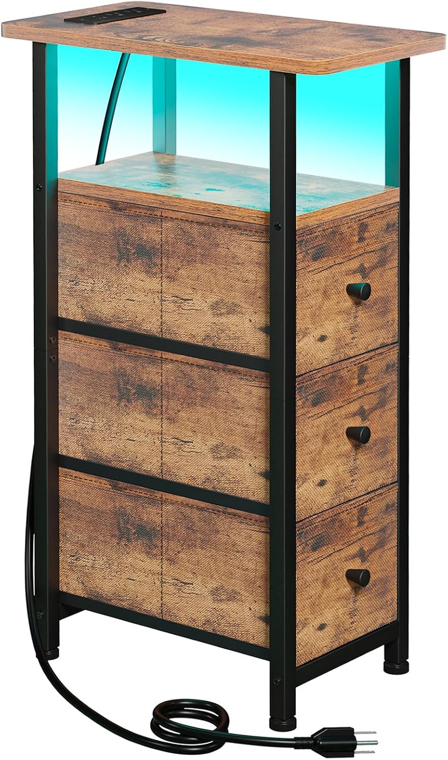 LOAKEKEL Narrow End Table with Charging Station, Small Nightstand
