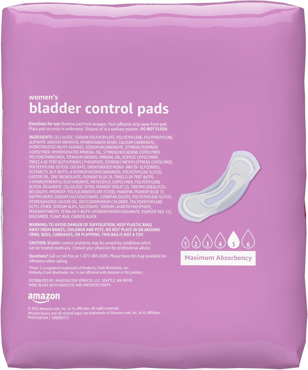 Amazon Basics Incontinence Pads for Women, Postpartum, Long, Maximum Absorbency, Bladder Control, Unscented, 39 Count, Packaging May Vary