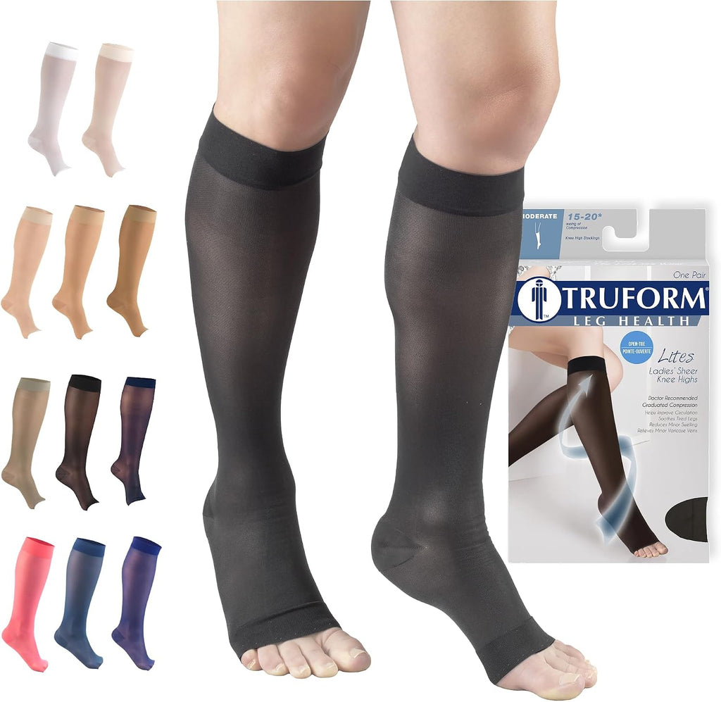 Truform Sheer Compression Stockings, 15-20 mmHg, Women's Knee High Length, Open Toe, 20 Denier, Medium
