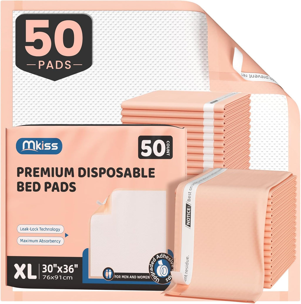 MKISS Bed Pads with Adhesive Strip 30"x36", Thick Absorbent Incontinence Adults Underpads Disposable, Leakproof Pee Pads, Extra Large Pet Training Pads,50 Count