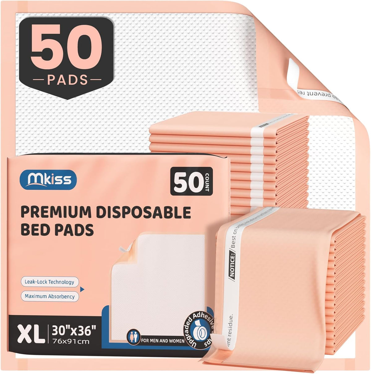 MKISS Bed Pads with Adhesive Strip 30"x36", Thick Absorbent Incontinence Adults Underpads Disposable, Leakproof Pee Pads, Extra Large Pet Training Pads,50 Count