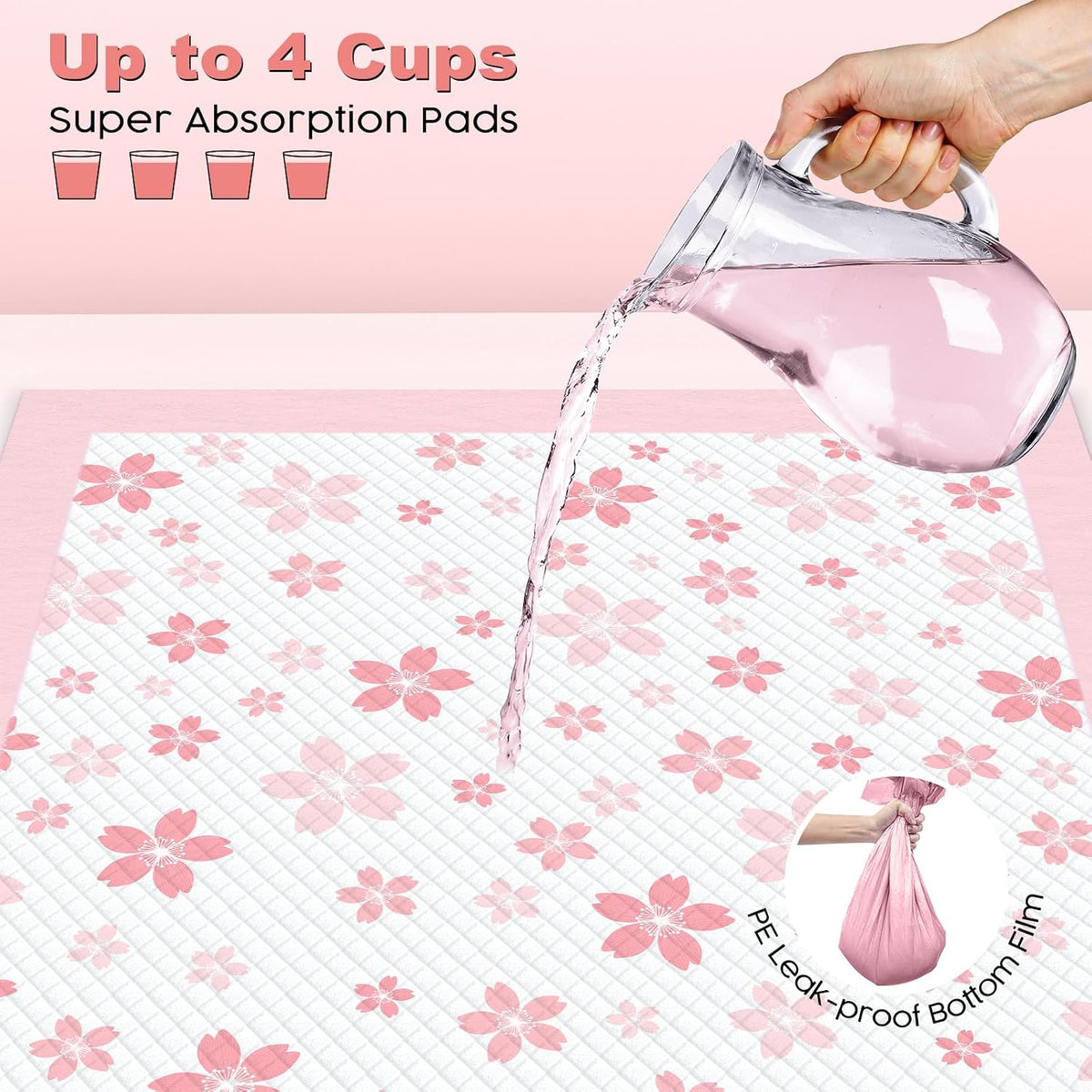 MIZOK Pink Puppy Pads with Adhesive Tabs Wee Wee Pads for Dogs 22x22in 50Ct | Cute Cherry Blossom Designs Feature Pheromone Attractant for Fast Training Small Dog Potty Pads Ideal for Female Puppy Needs