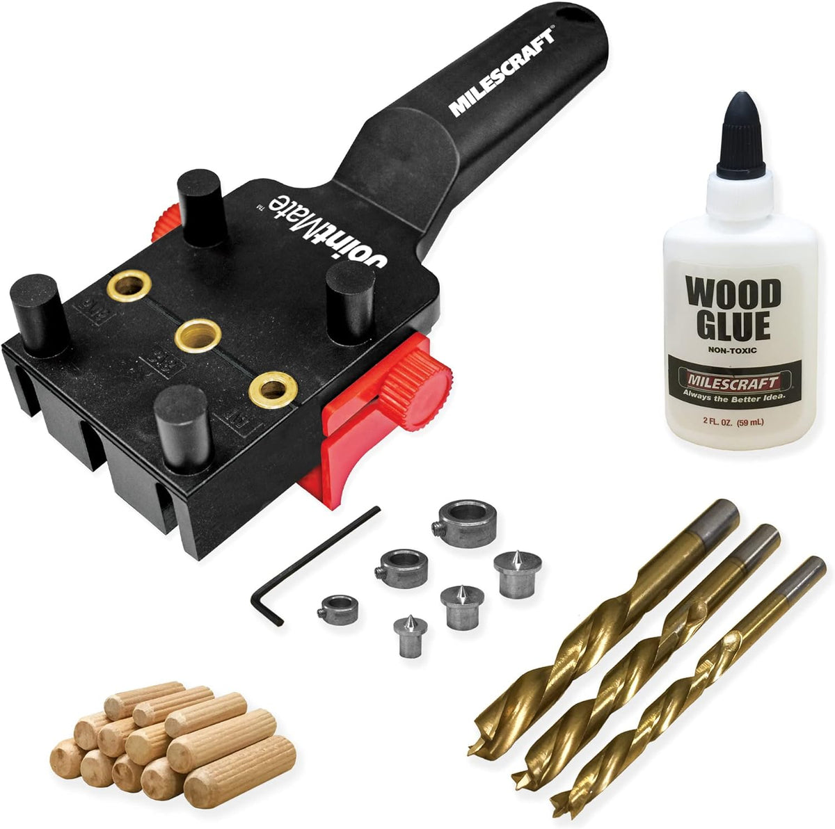 Milescraft 1333 DowelJig Kit - Self-Centering Handheld Dowel Jig with 3 Metal Bushing Sizes (1/4in, 5/16in, 3/8in) - Complete with all Accessories
